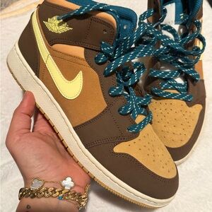 Brown and Yellow High-Top Sneakers with Teal Laces